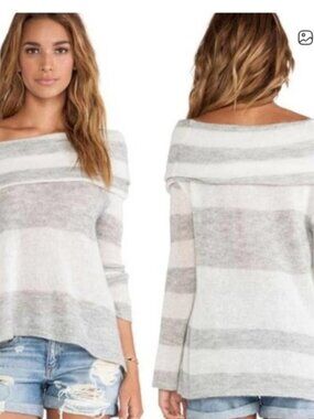 Free People Grey White Stripe Cowl Neck Alpaca  Long Sleeve Sweater medium